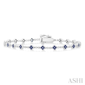 1 MM Round Cut Sapphire Clover and Bead Ball Link Precious Tennis Bracelet in 14K White Gold